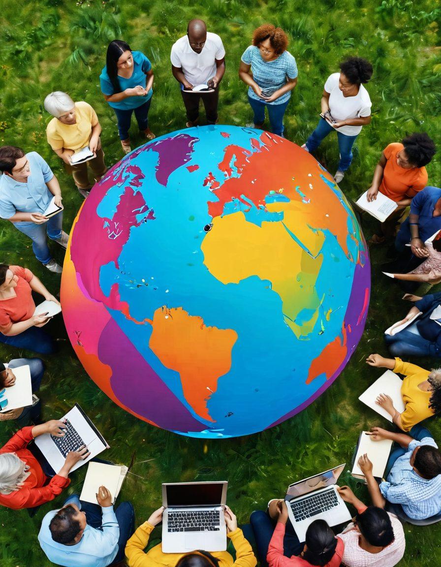 A diverse group of people of different ages and backgrounds gathered around a large, vibrant globe symbolizing global connection, each sharing their unique stories through colorful speech bubbles. The scene radiates warmth and community spirit, with laptops and notebooks scattered around. Subtle elements of nature, such as trees and flowers, interweave with technology, representing harmony between digital and real-life connections. bright and engaging. 3D. vibrant colors.