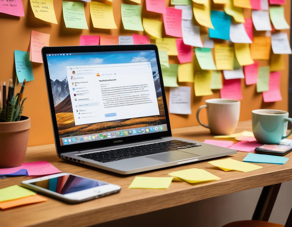A lively workspace filled with a laptop displaying a blog post, surrounded by colorful sticky notes, a cup of coffee, and a smartphone showing social media stats. In the background, a wall features an inspirational quote about engagement and creativity. The overall atmosphere is dynamic and inviting, symbolizing the fusion of writing and audience interaction. bright colors. super-realistic. cozy ambiance.
