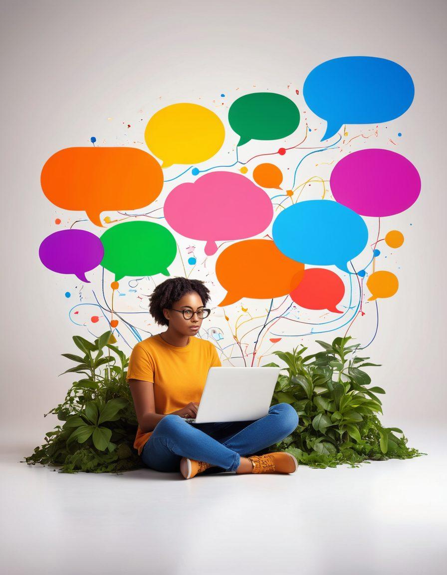 A vibrant digital landscape featuring a person sitting at a laptop, surrounded by colorful speech bubbles symbolizing ideas and expression. The background should showcase a diverse online community with symbols of connectivity like social media icons and glowing lines representing networks. Include elements representing personal growth, such as plants or a path leading upwards. The overall mood should convey empowerment and creativity. super-realistic. vibrant colors. white background.